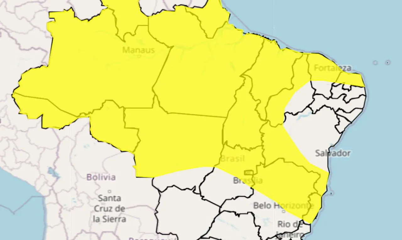 o mapa mostra as &aacute;reas em alerta para chuva intensa